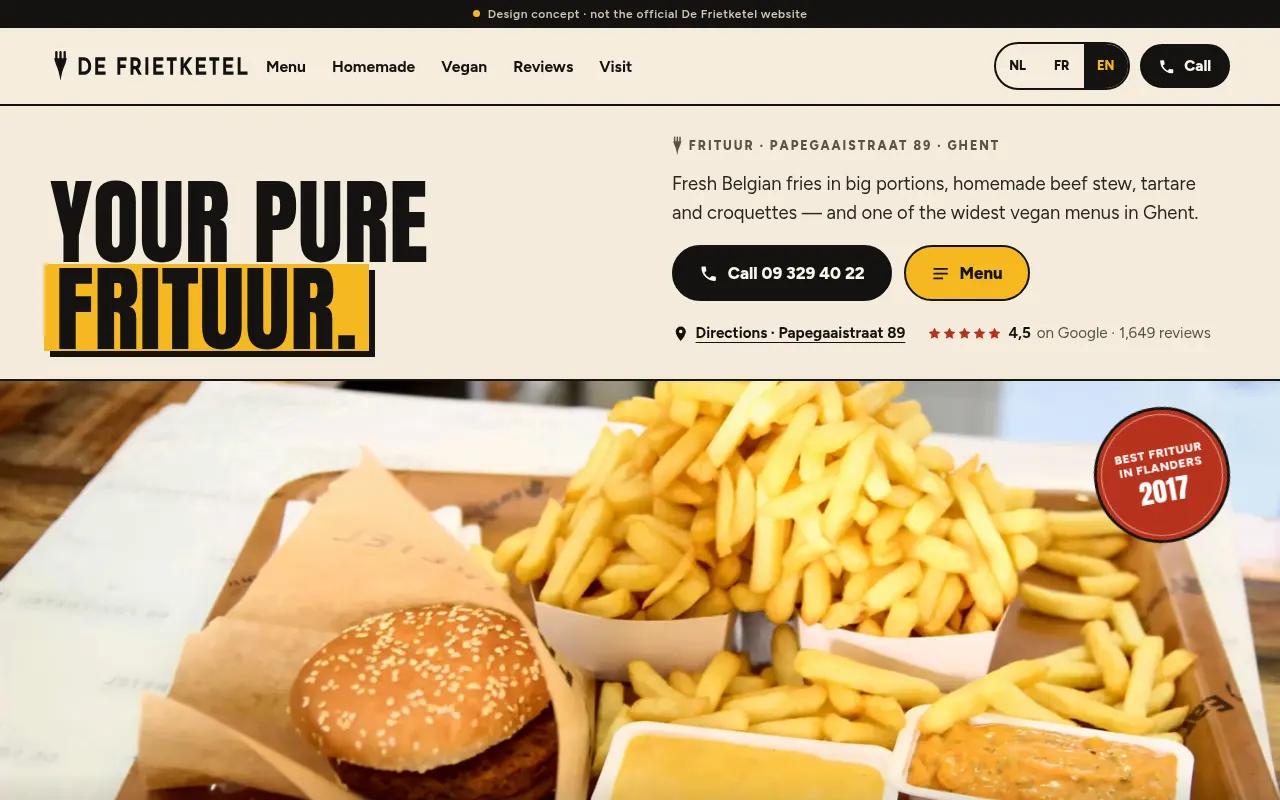 Homepage of the De Frietketel concept website: a tray of Belgian fries with the headline Your pure frituur.