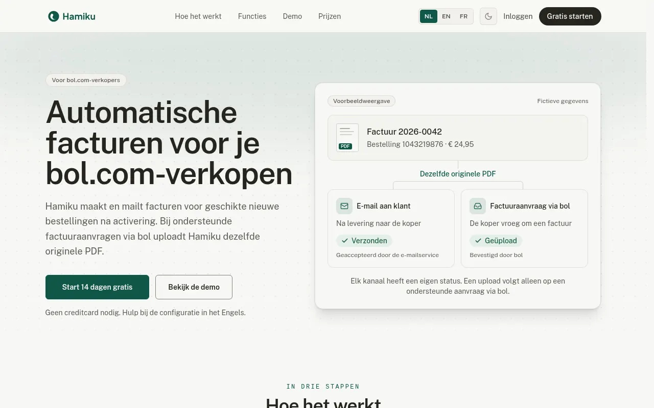 Homepage of Hamiku: automatic invoices for bol.com sales.