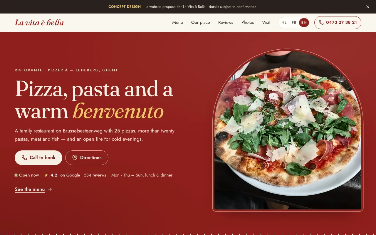 Homepage of the La Vita è Bella concept website: a deep red page with a pizza and the headline Pizza, pasta and a warm benvenuto.