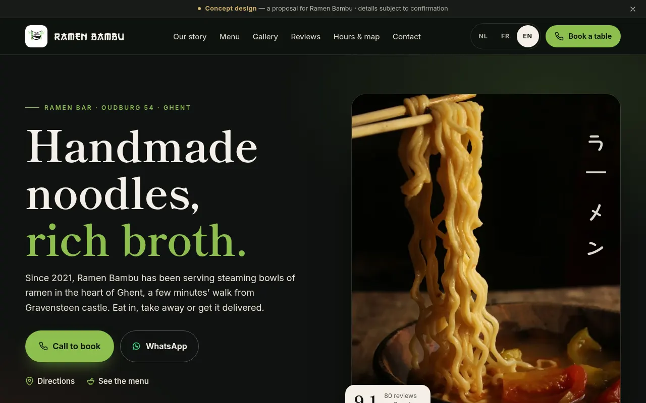 Homepage of the Ramen Bambu concept website: a dark page with noodles lifted by chopsticks and the headline Handmade noodles, rich broth.
